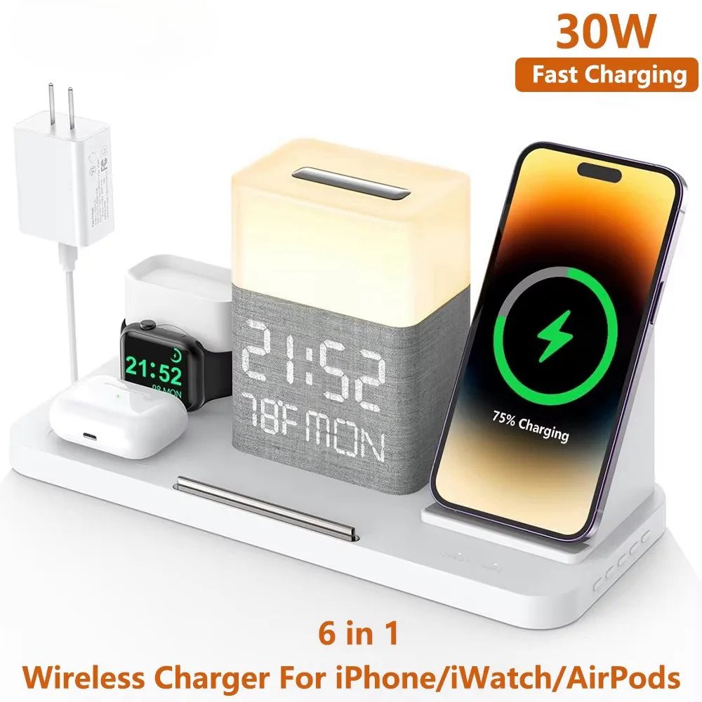 החדש 6 ב 1 תחנת טעינה אלחוטית 1 עם bluetooth timesync/לילה אור לילה מטען מהיר מטען 30w מתאם עם iphone