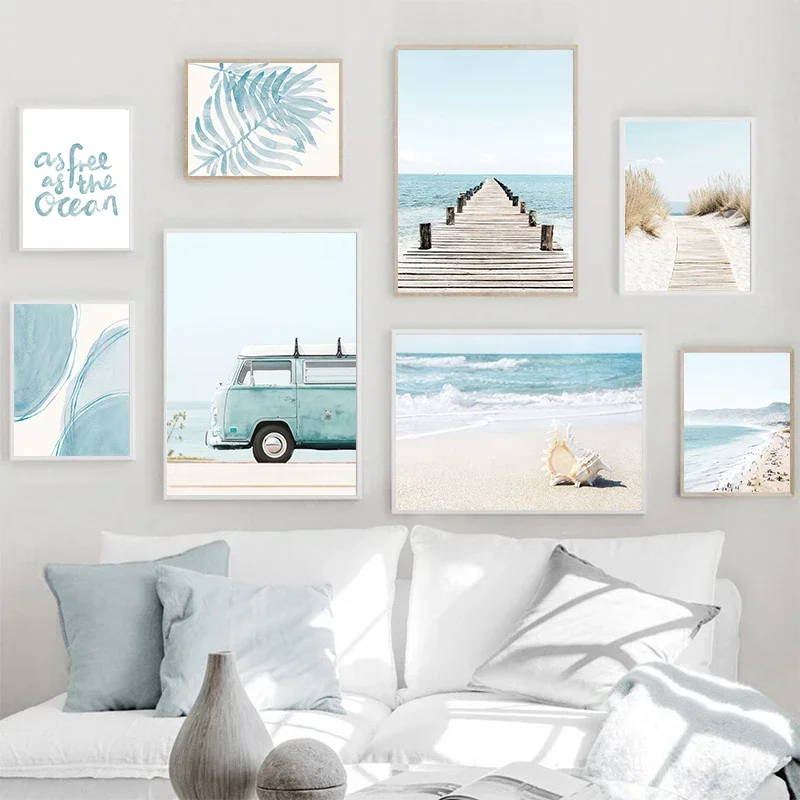 1pc frameless Canvas Painting Ocean Beach Bridge Wall Art Canvas Paintings Sea Palm Tree Leaves Bus Posters Nordic Living Room P