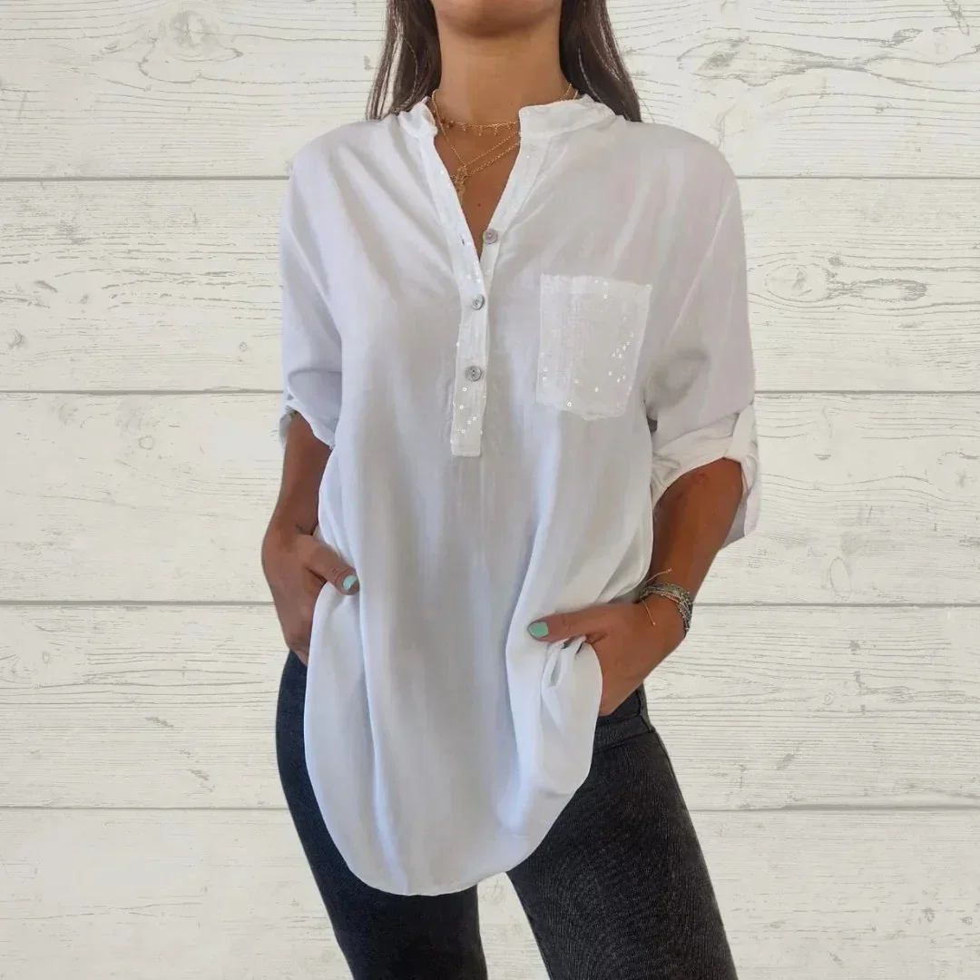 Camisa de algodón con cuello en V para mujer, Top informal de manga media con lentejuelas, cuello suelto, estampado de botones, bolsillo de protección solar, Verano