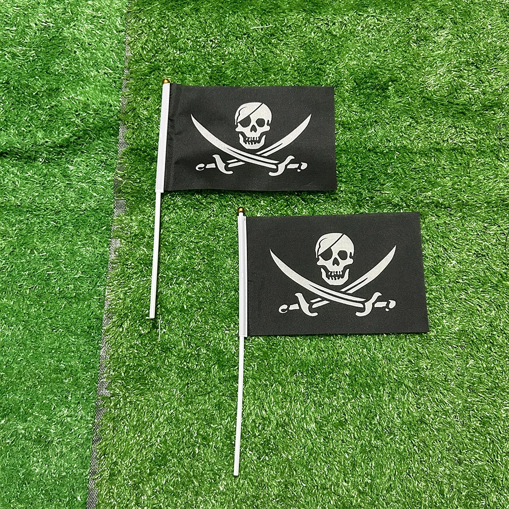 SKY FLAG14x21cm 50/100pcs Double Broken Skull With Knife Pirate hand Flag Jack Rackham Jolly Roger hand waving Flag for decor