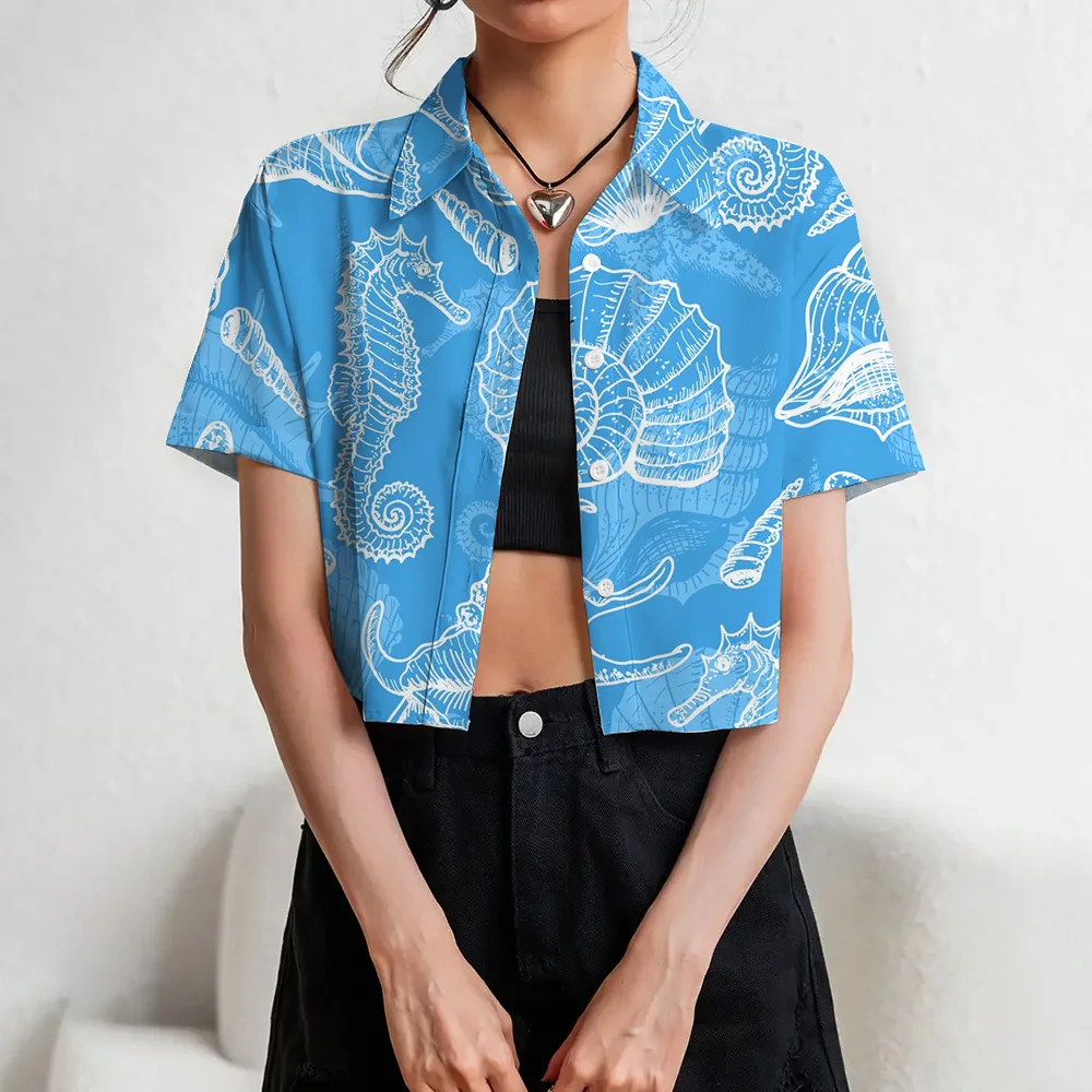 3D Blue Printed Women's Button Short Sleeve Shirt Fashion Casual Navel Exposed Shirt Slim Fit Lapel Shirt Beach Summer For Girls