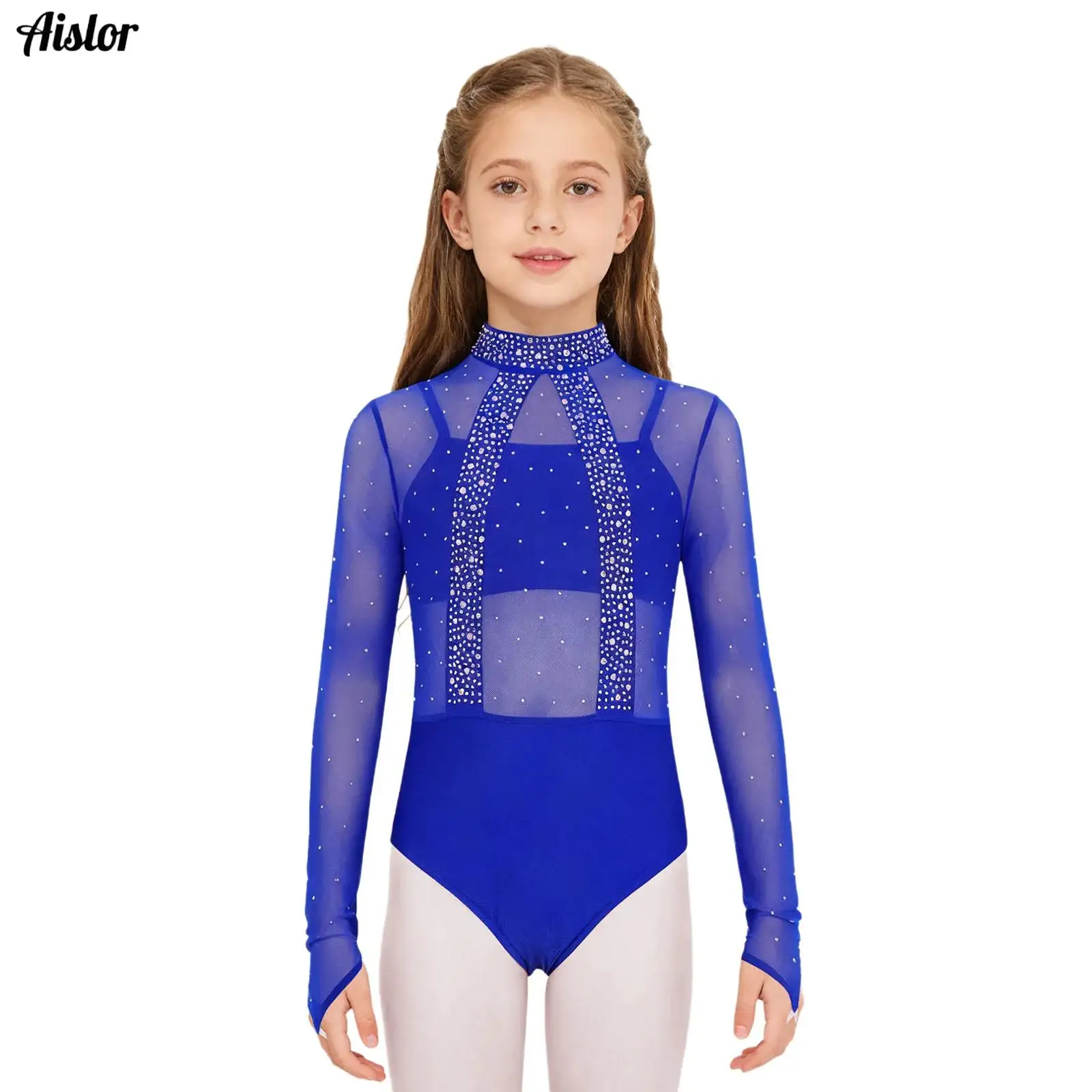 

Kids Girls Shiny Rhinestones Gymnastics Leotard Long Sleeve Cutout Back Sheer Mesh Bodice Leotard with Spaghetti Straps Camisole