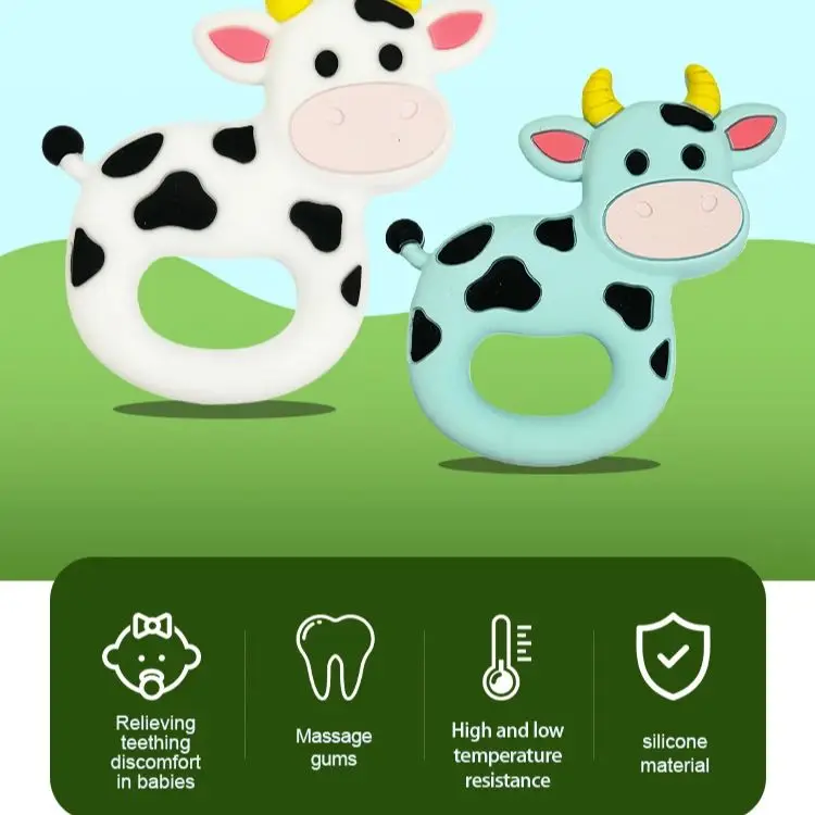 Cute-idea Cow Shape 2pcs/lot Food Grade Silicone Baby Teether - BPA Free Cartoon Teething Chew, DIY Pacifier Chain Baby Teething