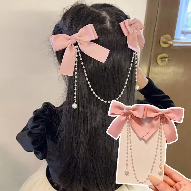 

Sweet Princess Style Pink Pearls Chain Bow Hair Clip Women Children's Cute Back Head Hairpins Hair Clips Girls Hair Accessories
