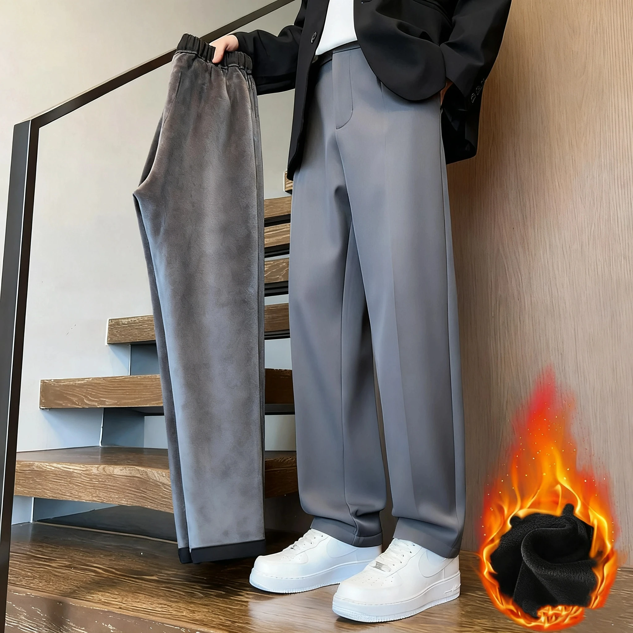 

Men Autumn Winter Fleece Lined Trousers High Waisted Flannel Pants American Style Straight Wide Leg Bootcut Draping Men Pants