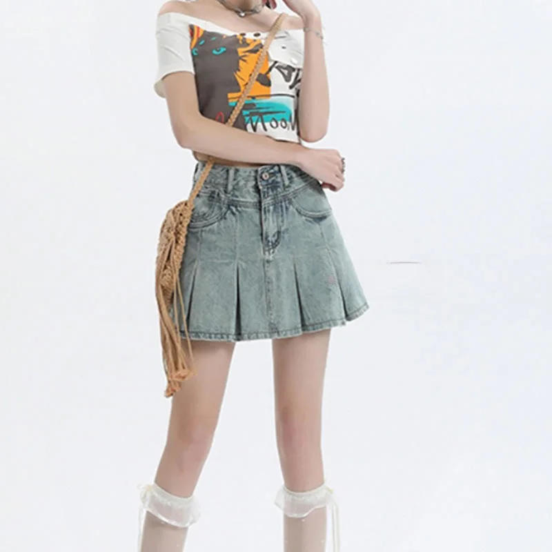 Retro American High Waist Denim Skirt Women's Spring Summer New Style Spicy Girl Pleated A-Line  Skirt Fashion Trend