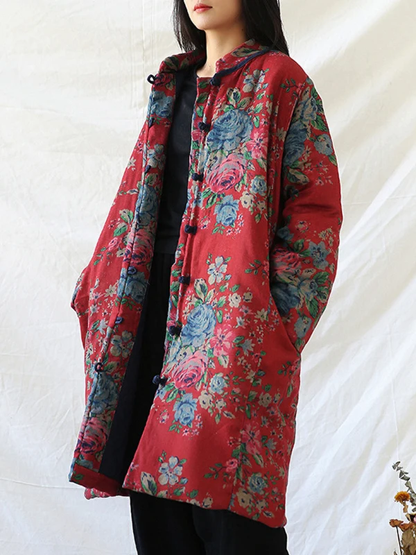 

Retro Cotton Linen Print Ethnic Sle Button up Women's Jaet Autumn Winter Thiened Long Sve f High Collar Coat