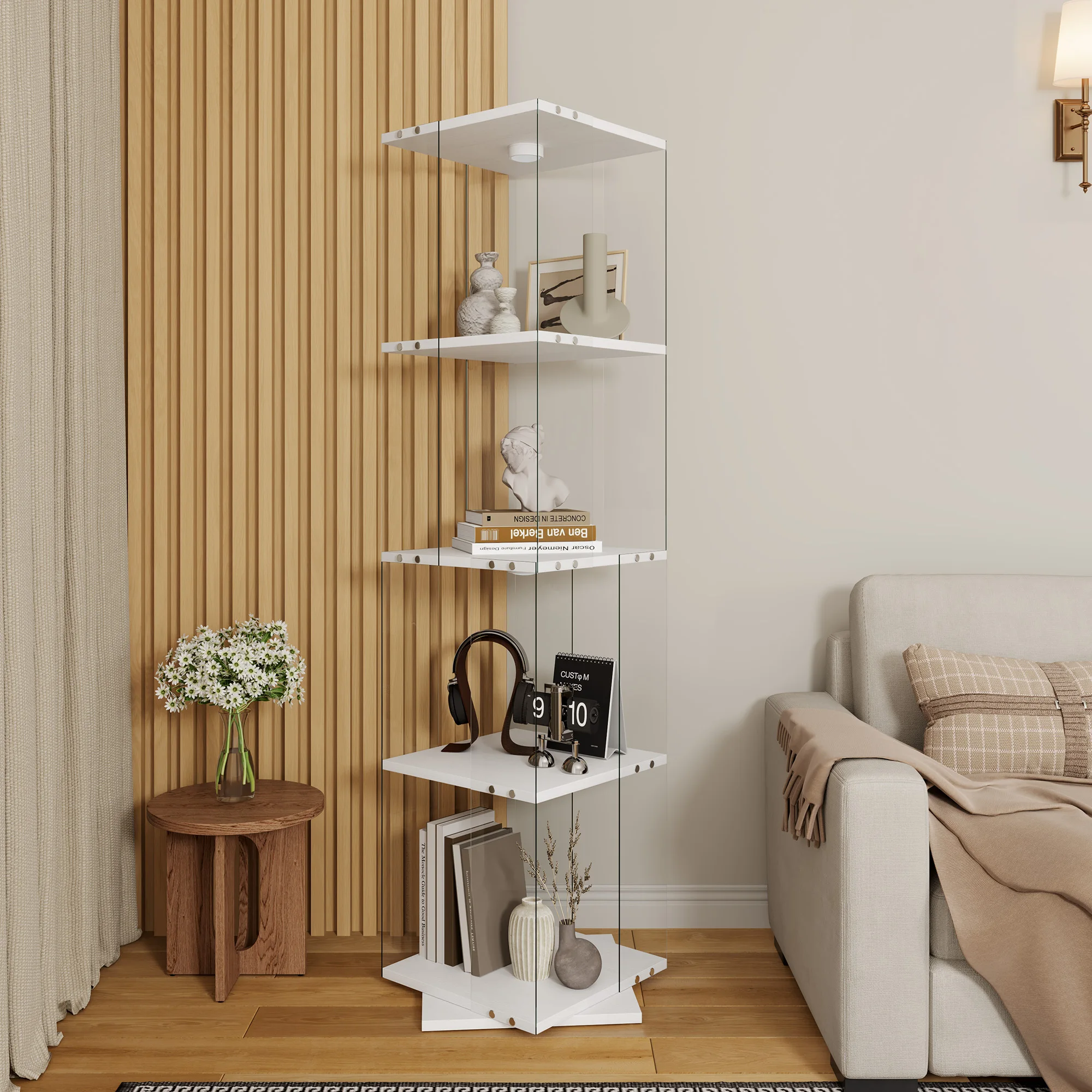 Vitrine 360 °   Vitrine rotative en verre trempé avec éclairage LED, 2 à 4 niveaux, porte simple, étagère à vin tournante pour figurines, objets de collection, décoration de bar à domicile