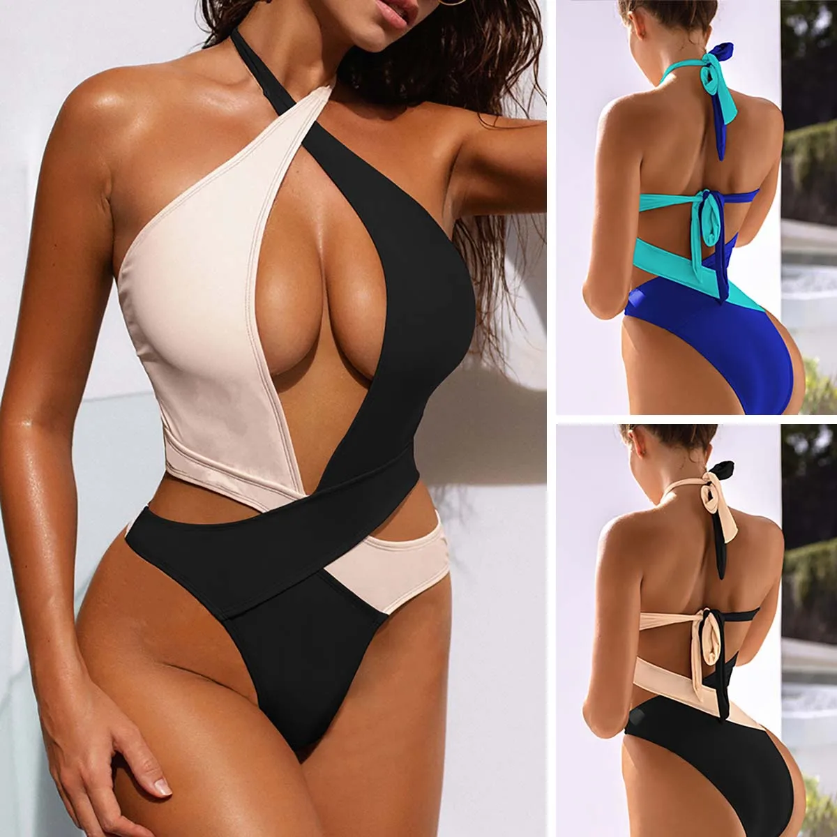 

Сексуальный цельный купальник для женщин, лоскутный купальный костюм с лямкой на шее, купальный костюм, Монокини с высоким вырезом, боди, пляжная одежда