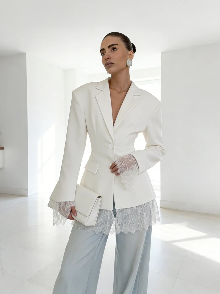 

Tsiisd Commute Lace Tapered Waist Blazers Coat Women Elegant Patchwork Fashion Solid High Waist Pocket Female Blazers Coat 2026