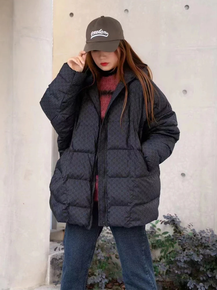 Streetwear Oversized down jacket women 2023 Winter Print Hooded Batwing sleeve puffer coat Fashion Outwear Warm INKEO 3O110