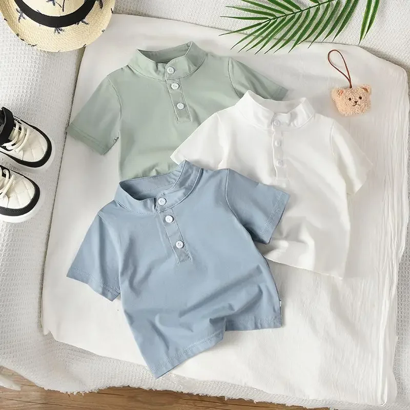 Summer New Boys Baby Shirt Thin Elastic Short Sleeved T-shirt Pure Cotton Casual Solid Color Standing Collar Children's Top