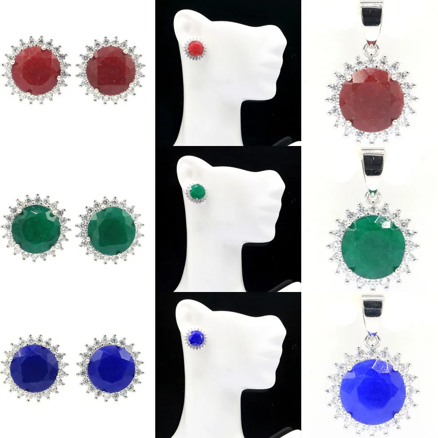 Buy 3 Get 1 Free 18x18mm Lovely Cute Round Real Blue Sapphire Red Ruby Green Emerald CZ Engagement Silver Earrings Pendant