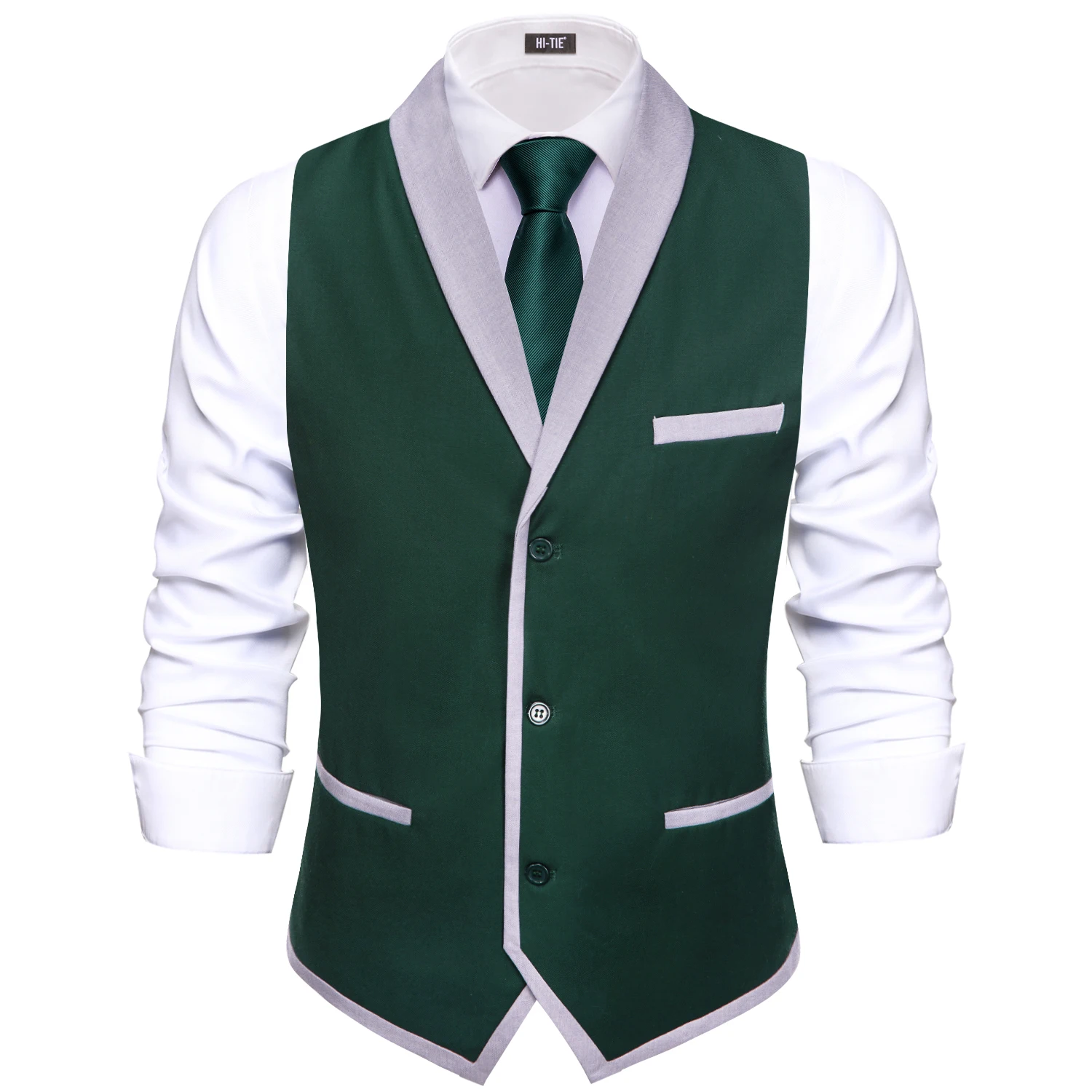 Hi-Tie Solid Green Grey Shawl Jacquard Collar Suit Vest Slim Fit Waistcoat for Wedding Groomsmen V-Neck Tuxedo Sleeveless Jacket