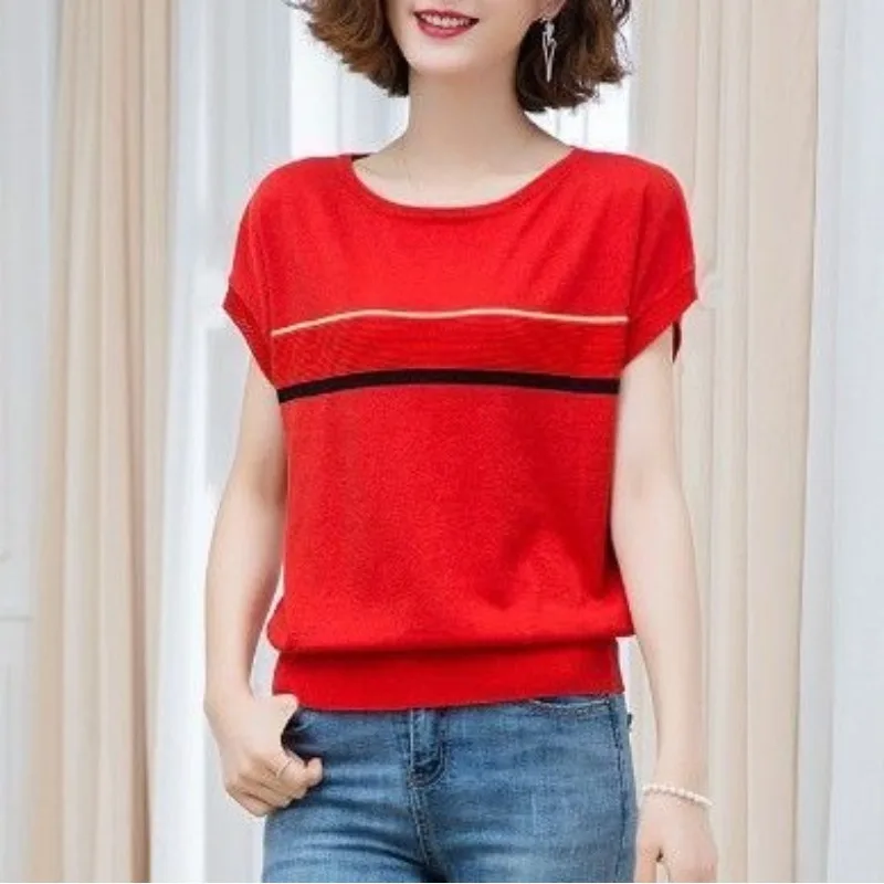 2023 Summer New Female Clothing Pullover Ice Silk Women\'s T-shirt Short Sleeve Knit Striped Loose Fashion Elegant Tops