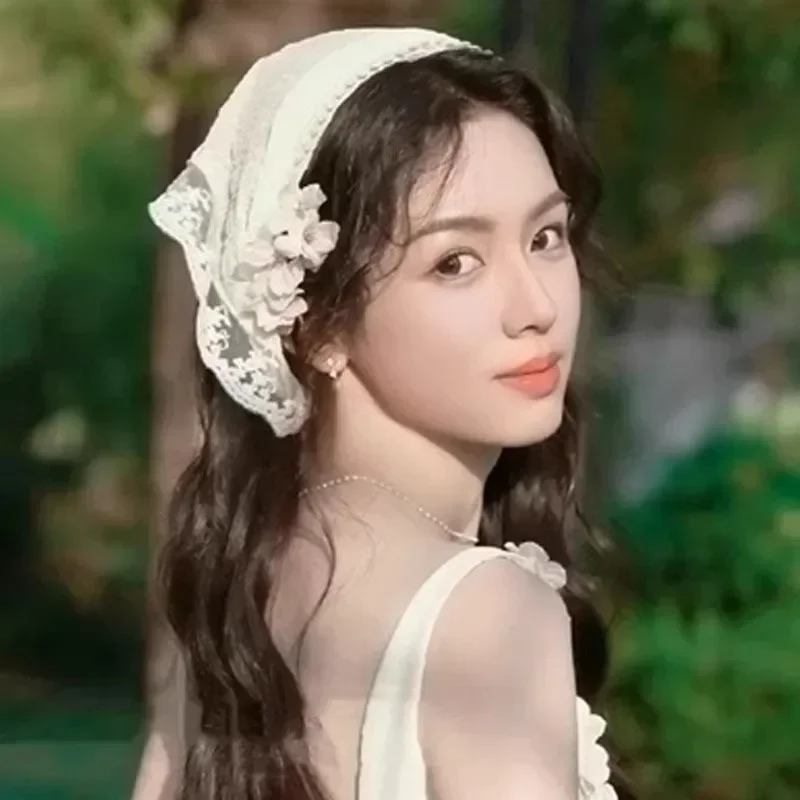 7 styl Słodki kwiat Trójkątny szalik do włosów Kobiety Dziewczyny Kwadratowy szalik Opaska na głowę Koreański francuski Pastoral Nakrycie głowy Letnie koronkowe nakrycie głowy