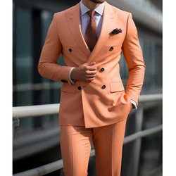 Solid Color Suits for Men Double Breasted Peak Lapel Regular Length Formal Outfits Prom Full Set Luxury 2 Piece Jacket Pants