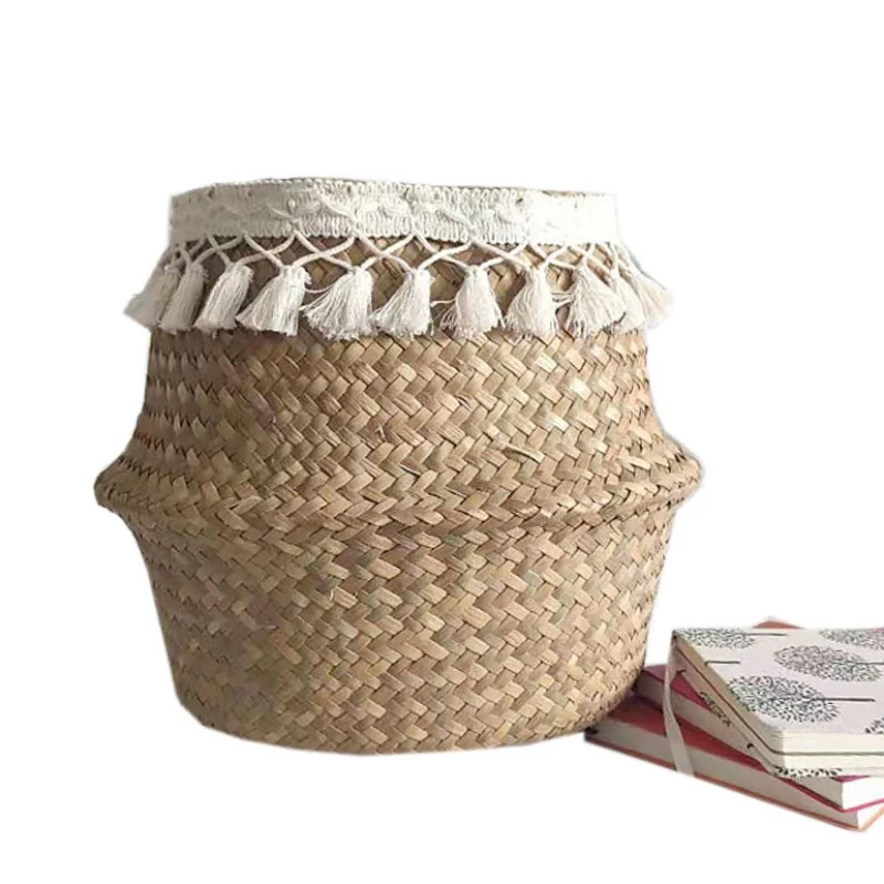 Tassel Macrame Woven Seagrass Belly Basket for Storage Decoration Picnic Plant Basin Cover Groceries and Toy Storage