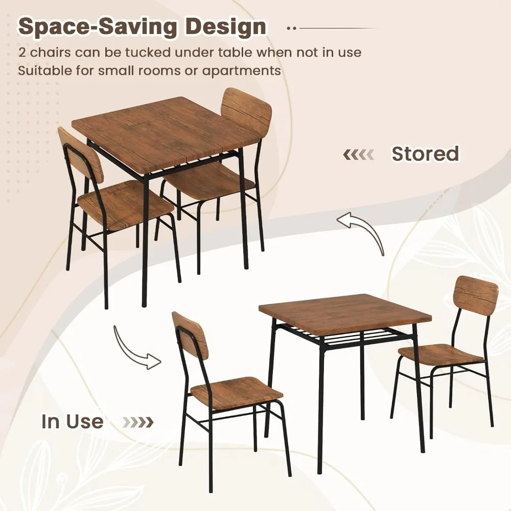 Ensemble de Table à manger carrée pour 2, Table et chaises de cuisine compactes à cadre métallique avec support de rangement intégré, dîner peu encombrant