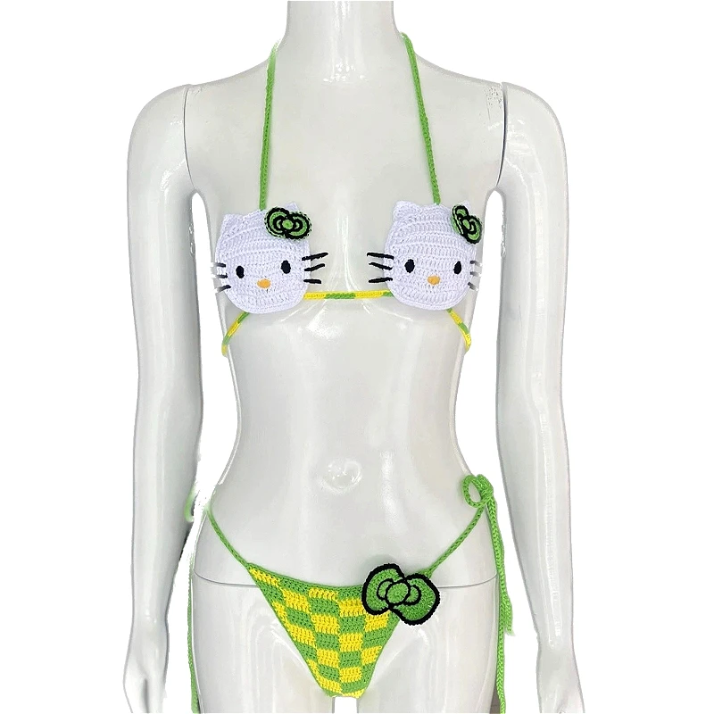 

Sanrio Cute Bikini Set Crochet Girls Swimsuit Hello Kitty Sexy Bathing Suit Kwaii Women Swim Suit Bandage Micro Bikinis Swimwear
