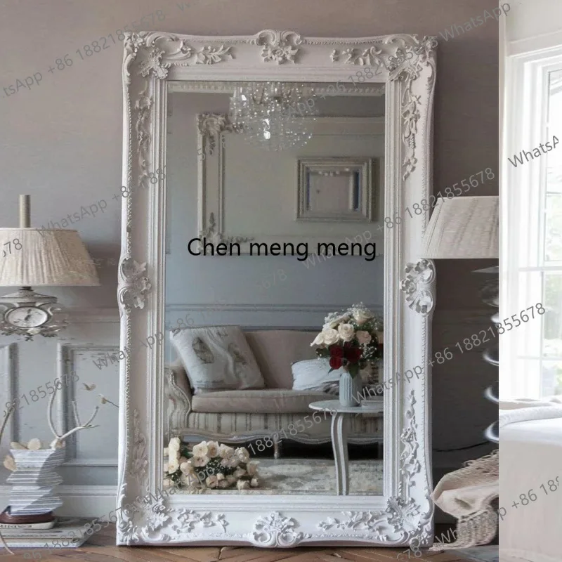 

Французское ретро-зеркало в полный рост с резьбой, антикварное белое напольное зеркало для спальни, зеркало для примерки.