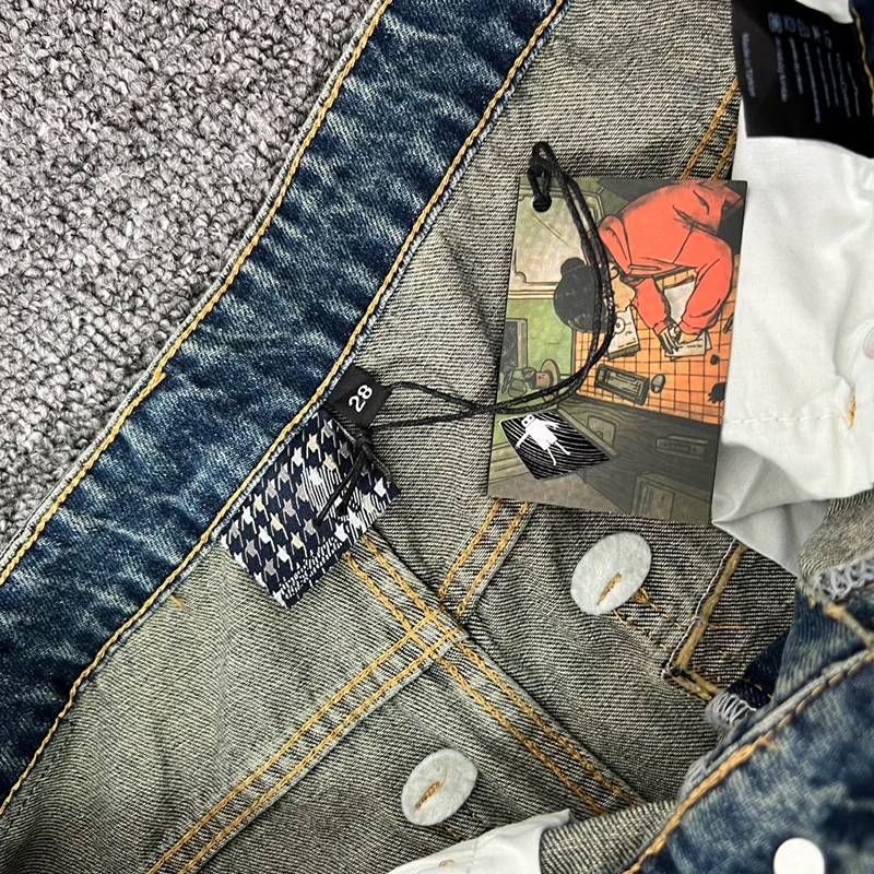 Derschutze Jeans High Street Men Women Washed Retro Embroidered Pattern Printed Straight-leg Denim Trousers Real Photo