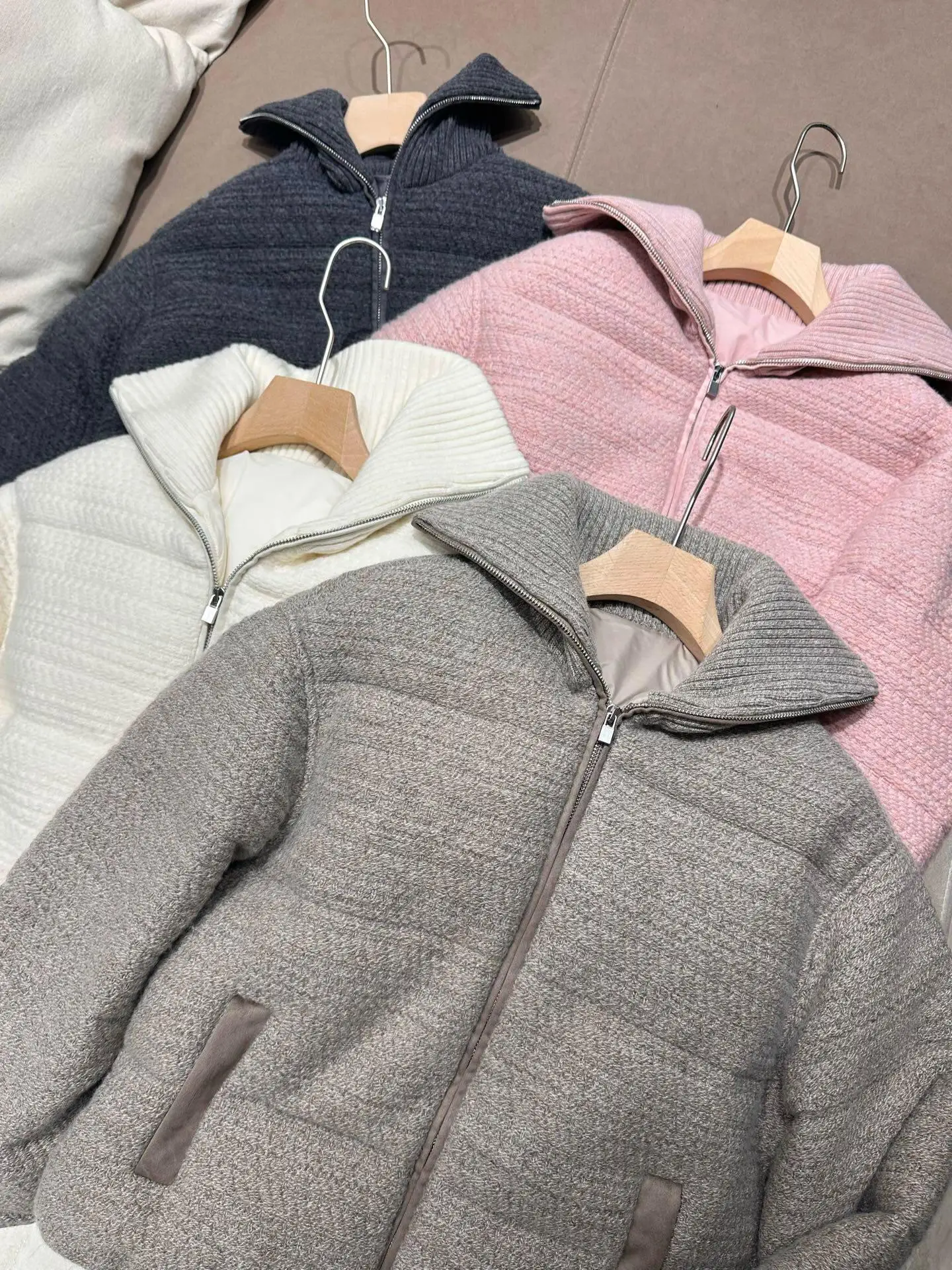 Autumn Winter New Wool Cashmere 90% White Goose Down Jacket Women Short Coat Rib Lapel Loose Warm Outerwear
