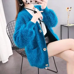 Bright Silk Knitwear Cardigan Women's Spring Autumn New Loose Thick Sweater Jacket Female Casual Knitted Sweaters Coat Trend 3XL