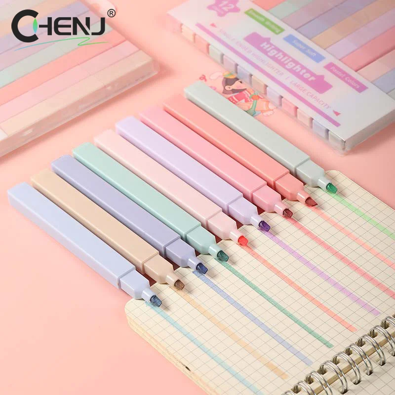 12 Colors/box Fluorescent Highlighter Pens Double Headed Pastel Highlighters Stationary Supplies Kawaii Colored Markers Pens