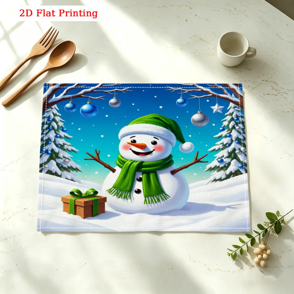 Snowman With Gift Box Kitchen Placemat Coaster Linen Pad Dish Coffee Cup Table Mat 30x40cm Home Decor