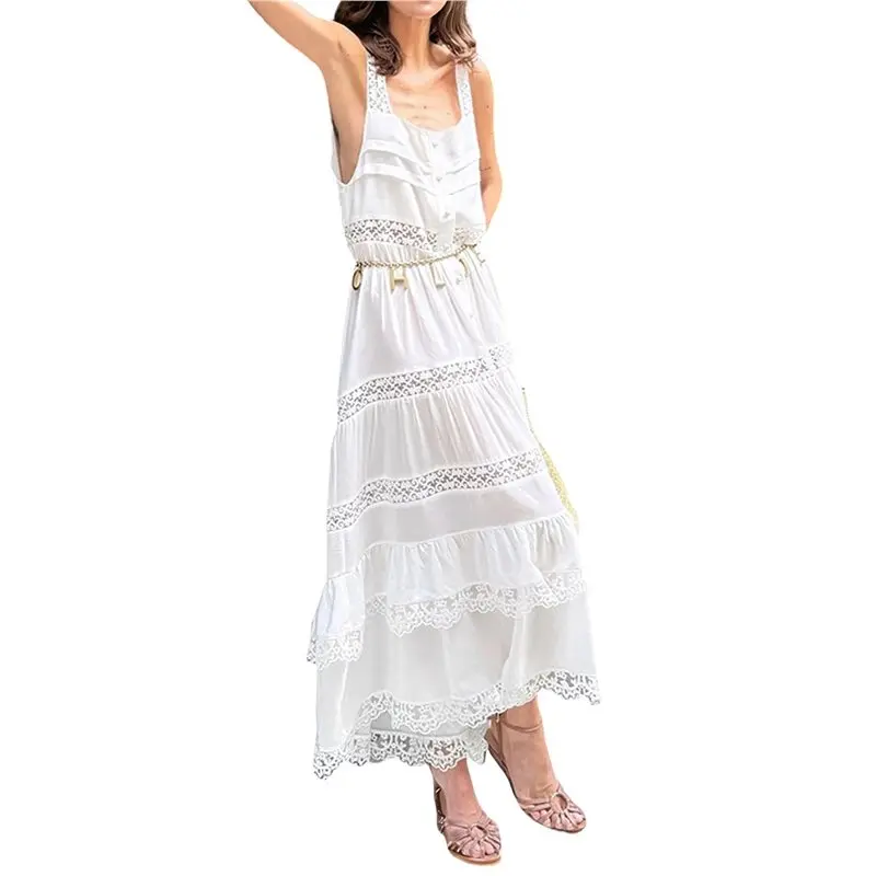 

CYL-Elegant Summer Backless Lace Sundress - Women's Casual Sleeveless Beach Long Dress