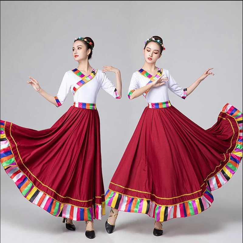 Disfraz de actuación de baile tibetano para mujer, ropa de noche de Club, estilo étnico, columpio grande, fiesta femenina tradicional china