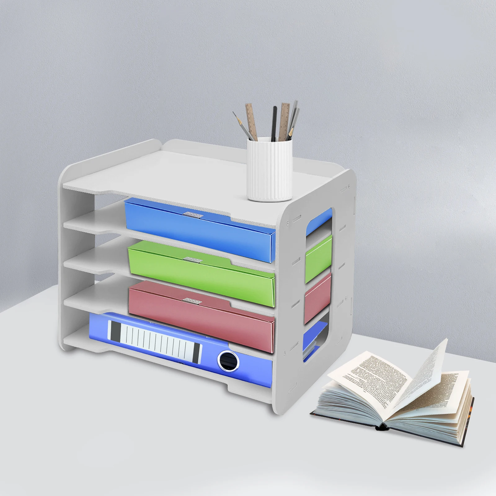

White PVC Wood-plastic 34x25cm Five-layer Data Rack Thickened Load-bearing Desktop Storage Rack File Arrangement Rack