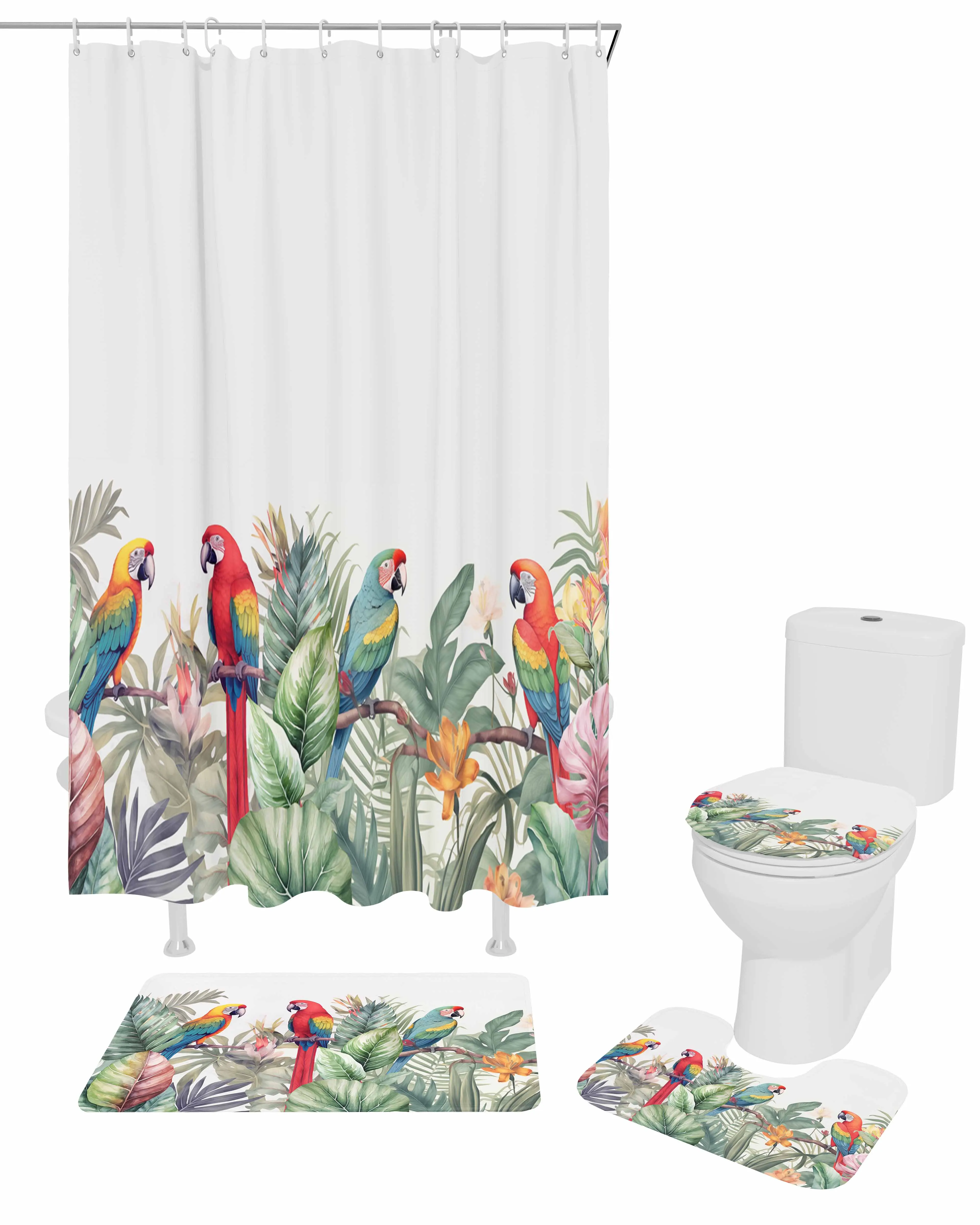 Summer Tropical Plant Parrot Shower Curtain Set Non-Slip Rugs Bath Mat Toilet Lid Cover Waterproof Bathroom Curtain