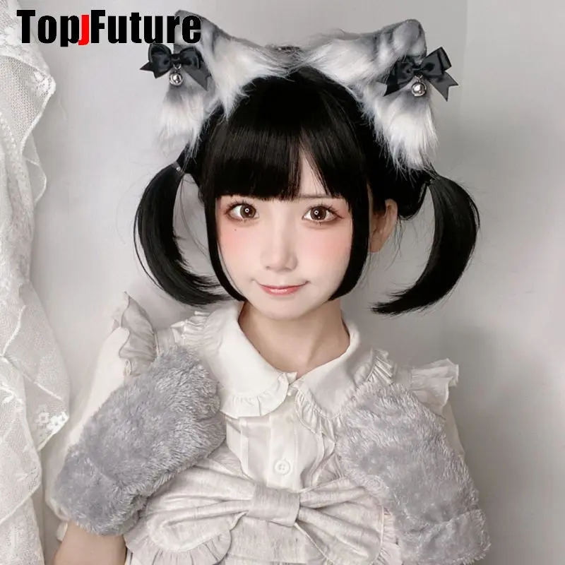 Women Y2K girl Harajuku Gothic Punk Lolita Tabby cat three flower orange cat ear hair clip plush simulation animal ear hairpin