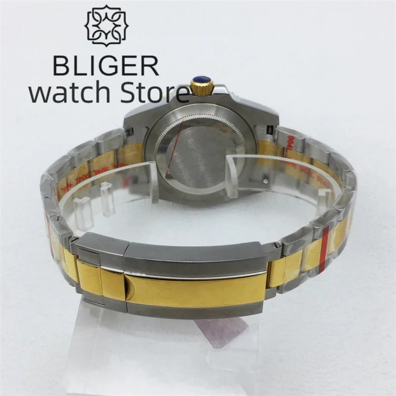 BLIGER 40mm NH34 GMT Caja giratoria dorada de dos tonos para hombre Pulsera de acero inoxidable Bisel de cerámica de cristal de zafiro Esfera luminosa blanca