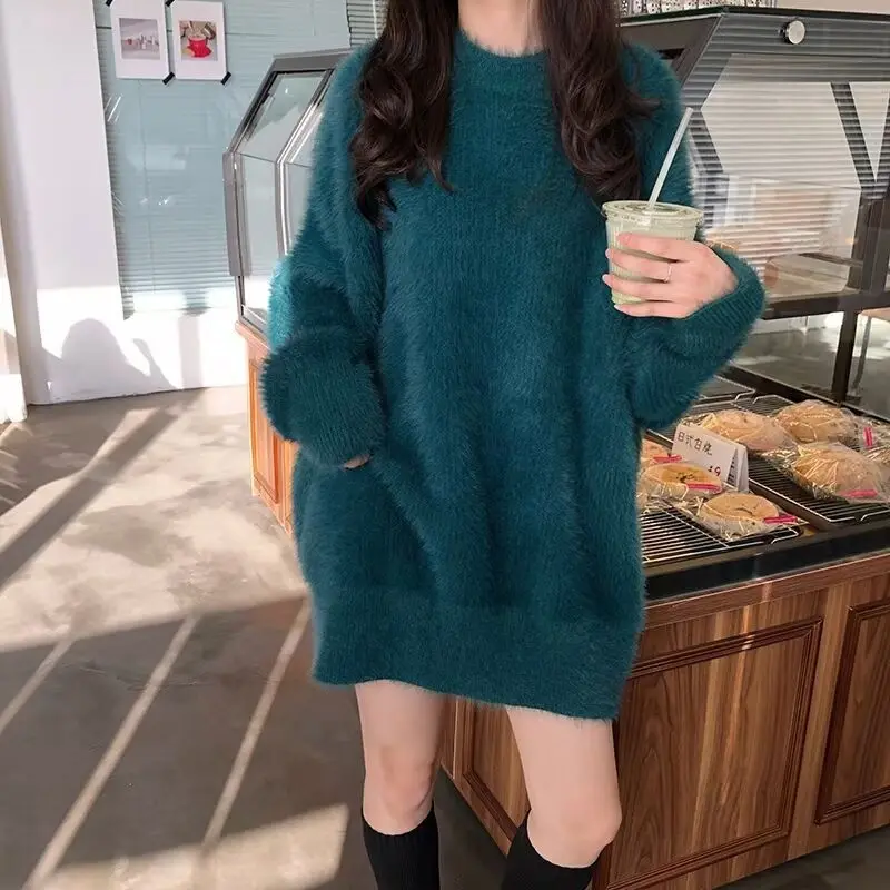 เลียนแบบ Mink FUR ผู้หญิง Pullovers ขี้เกียจสไตล์ PLUS ขนาดฤดูใบไม้ร่วงและฤดูหนาวจัมเปอร์หนาปานกลาง Chic ยาวรอบคอเสื้อกันหนาว