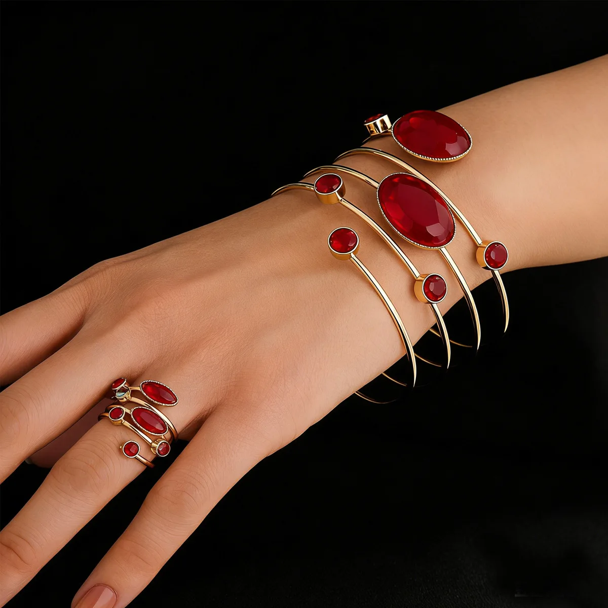 

1 set of gemstone rhinestone round line winding geometric bracelet ring set opening adjustment