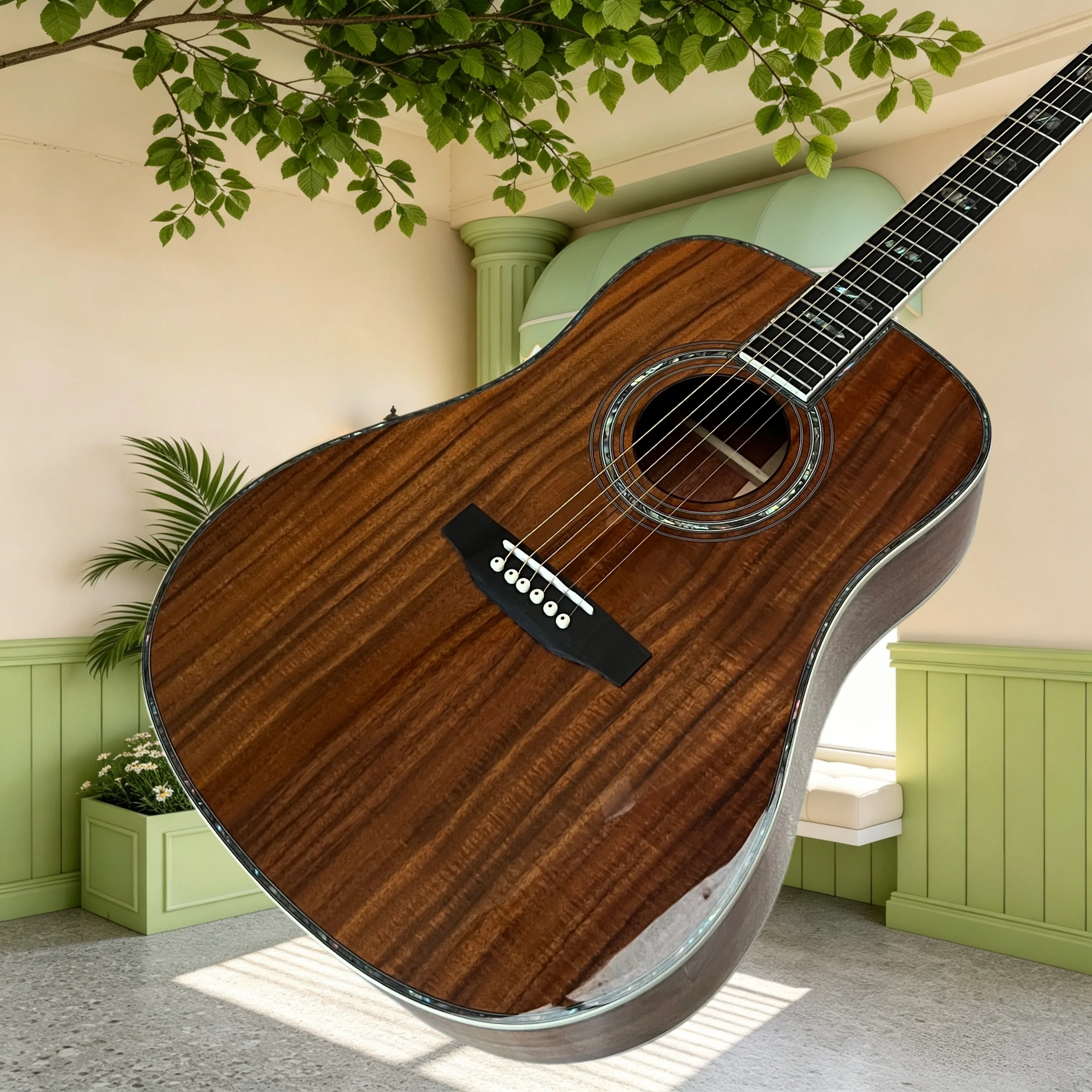 D-45 Koa Wood Dreadnought Acoustic Guitar Full‑Circle Abalone Binding Ebony Fretboard Advanced Folk Guitar Abalone Rosette