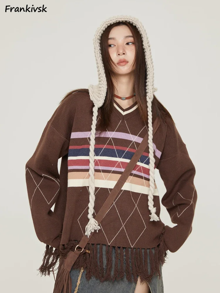 Striped Sweaters Women Tassel Panelled V-neck Baggy Spring Autumn Maillard Tender Schoolgirl Youthful Vitality Aesthetic Stylish