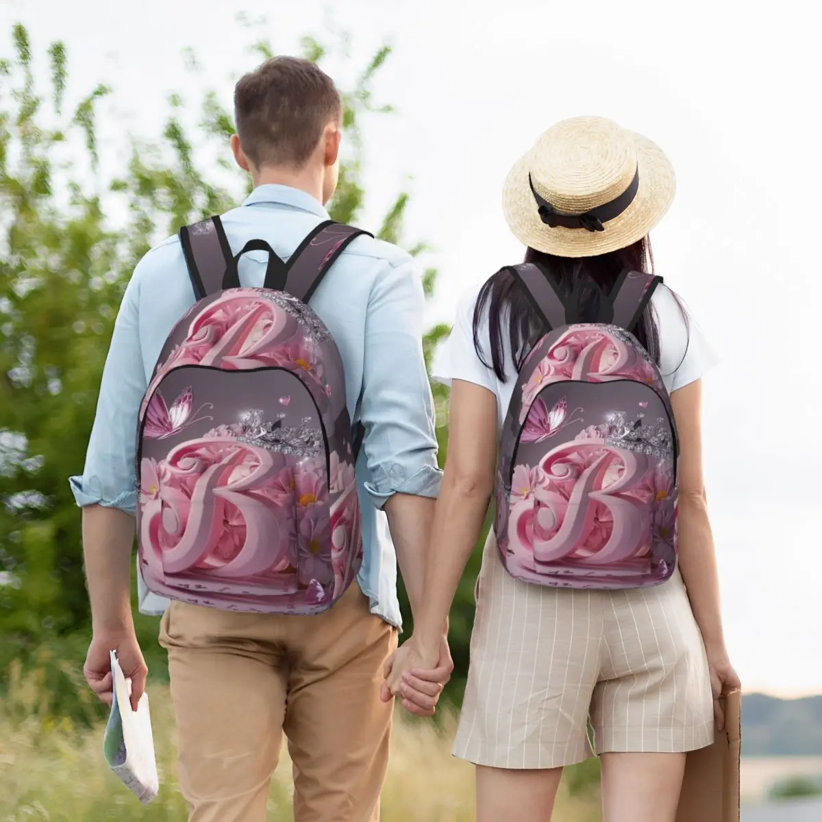 One Letter A Crown Butterfly Flowers Printed Student Backpack School Bag Hiking Daypack for Men Women Bookbag Shoulder Bags