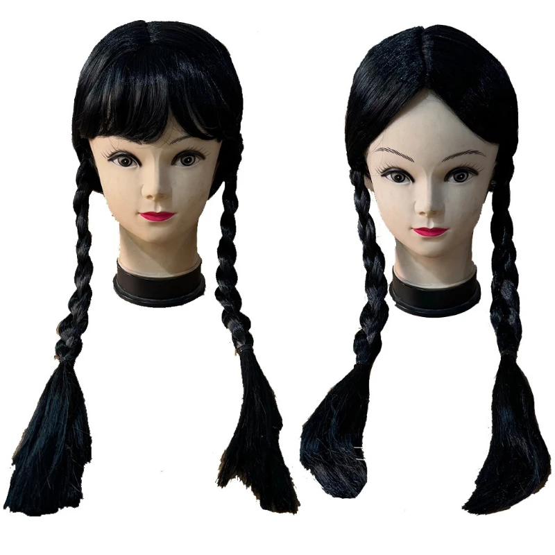 

Halloween Black Wig with Bangs & Double Braids - Middle Part Ponytail Wig Cosplay Party Prop Double Plait Wig for Costume Events