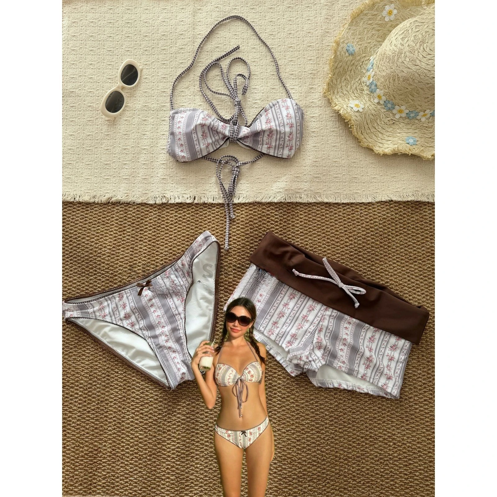 

New Italian-style Brown Vintage Floral Halter Bandeau Two-piece Swimsuit Sensual Backless Hot Spring Holiday Bikini for Women