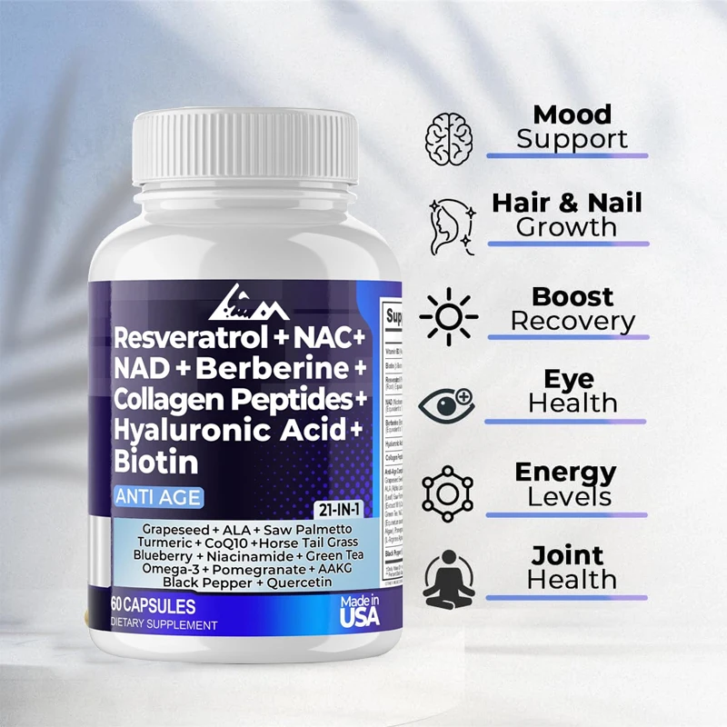 Resveratrol NAD+Aspartate Hyaluronic Acid Grape and Blueberry+NAC Collagen Peptide Hair, Nail, Skin, and Joint Supplements