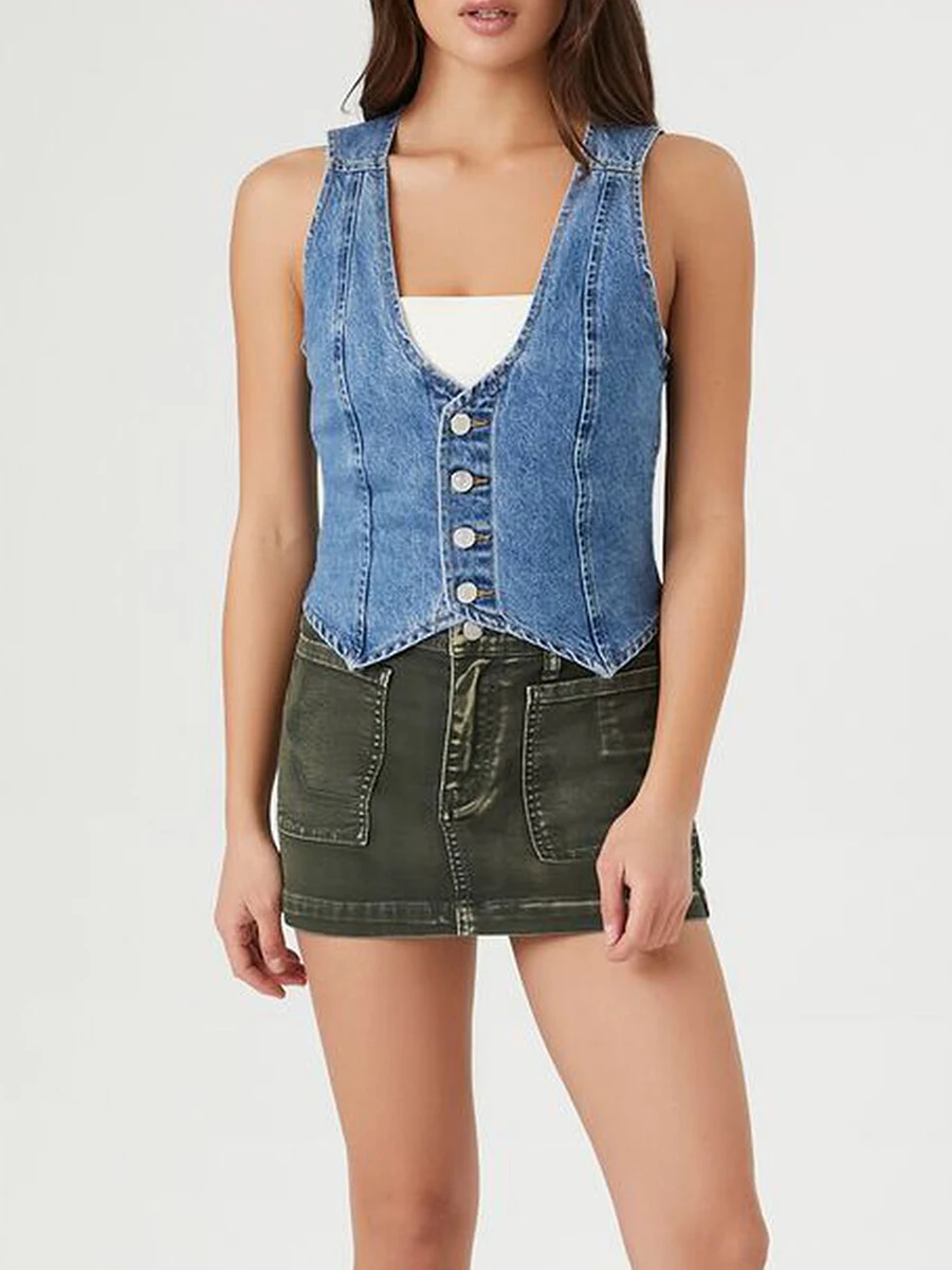 New Fashion Women Denim Vest Sleeveless Button Vest Solid Slim Outwear Gilet For Casual Street Club Street Style Hot Sale S-XL