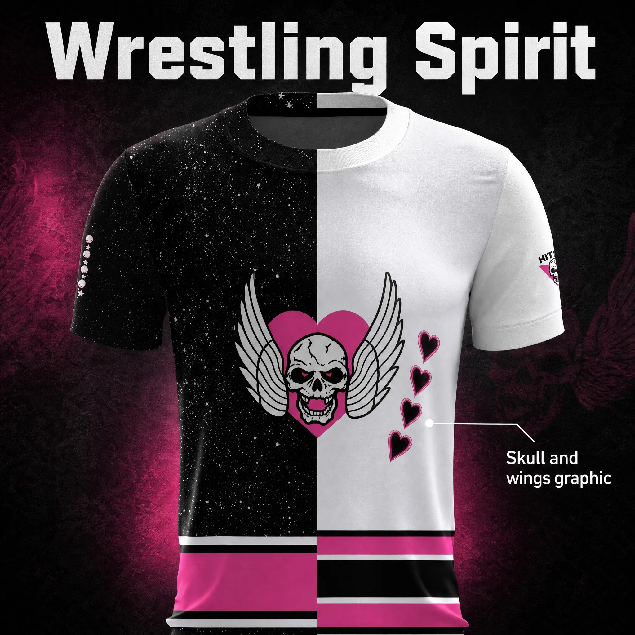 Herren-Bret-Hitman-Hart-Ringer-T-Shirt, schwarz-weiß, mit aufgesetztem rosa Herz, schlangenförmigem Totenkopf und Flügeln, 84, vorne und hinten bedrucktes T-Shirt. – Detail 2