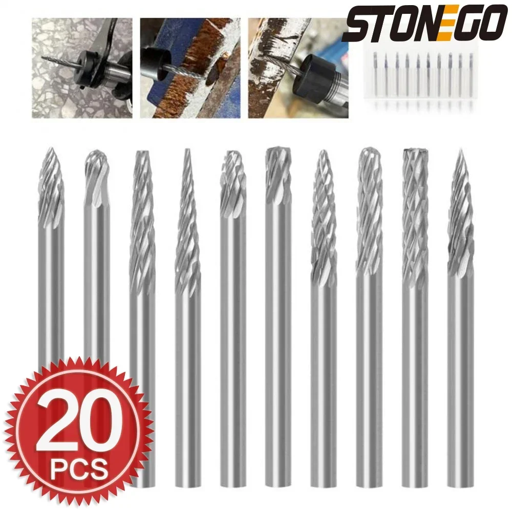 

STONEGO 10Pcs/20Pcs Solid Carbide Burr Set 0.118" (3mm) Shank Tungsten Carbide Rotary Files Burrs Fits Most Rotary Drill Grinder