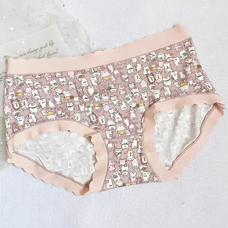 3PCS/Set Women Panties Mid Waist Traceless Soft Thin Lingeries Breathable Puss Print Underwears Plus Size 6XL Briefs