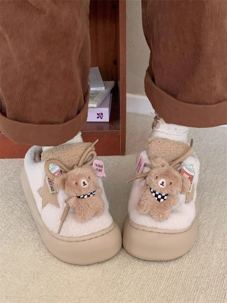 

Thick Bottomed Winter Slip-On Shoes Women's Casual Style Bear Patterned Cotton Slippers with Scarf INS Trendy Indoor Outdoor ...
