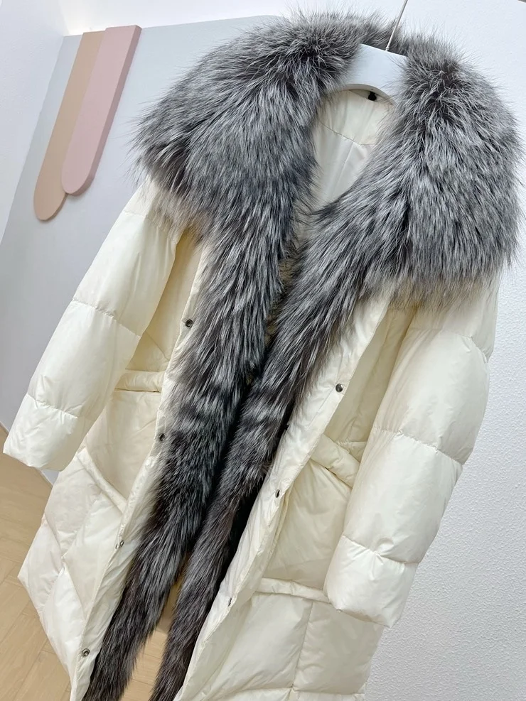 Luxury puffy luxury goose down jacket women winter long coat warm comfy overcoat real big fur trimming fur parka